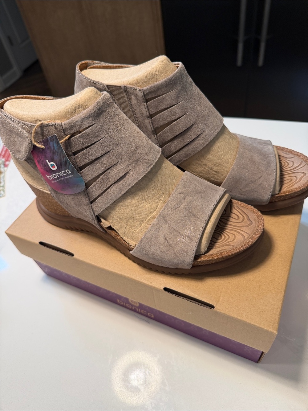 Bionica Gracen Taupe Suede Cutout Wedge Sandals Size 11